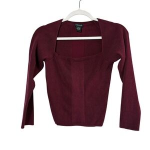 Vermani Silk Blend Sweater Womens L Burgundy Square Neck Ribbed Long Sleeve